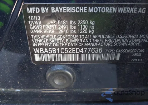 2014 BMW 535I from USA, damaged, VIN WBA5B1C52ED477636